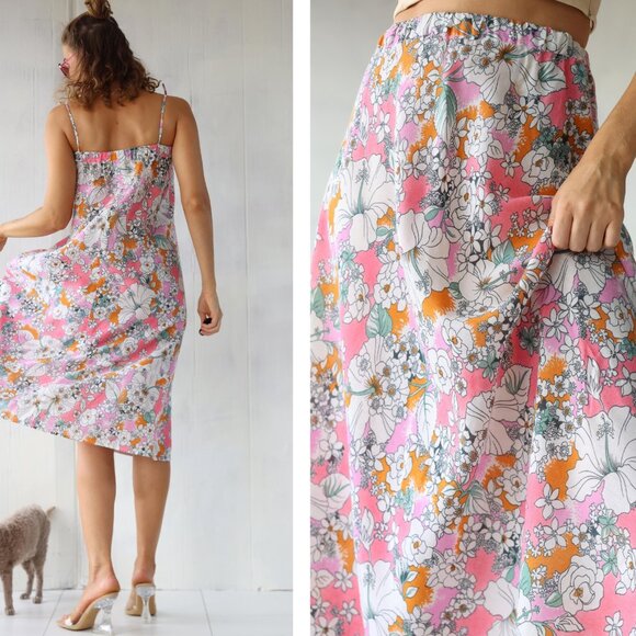 Vintage pink floral print thin cotton two-in-one maxi skirt dress xs s m - Picture 3 of 11